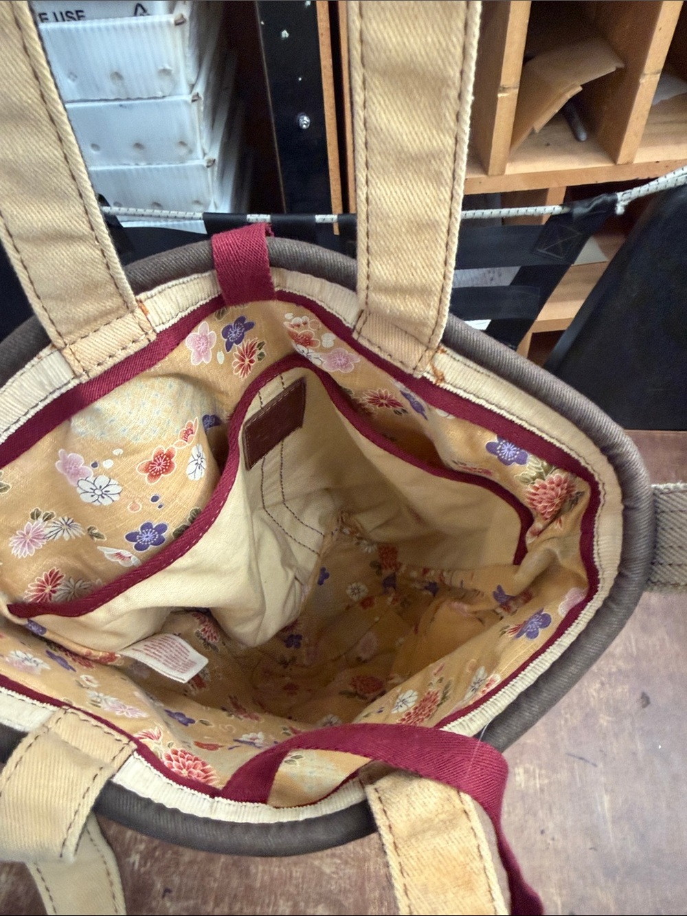 Lucky Brand Cream Canvas Tote with Purple Peace Sign and Green Trim - Picture 3 of 10